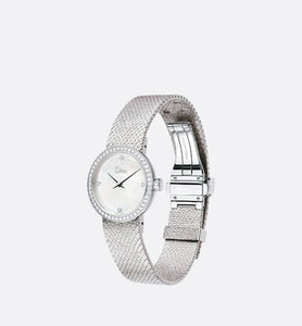 La D de Dior Satine • Ø 25 mm, Steel, White Mother-Of-Pearl and Diamonds