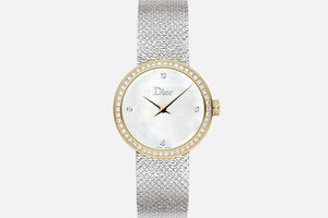 La D de Dior Satine • Ø 25 mm, Steel, Yellow Gold, White Mother-Of-Pearl and Diamonds