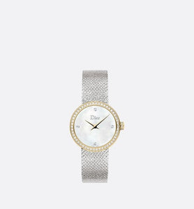 La D de Dior Satine • Ø 25 mm, Steel, Yellow Gold, White Mother-Of-Pearl and Diamonds