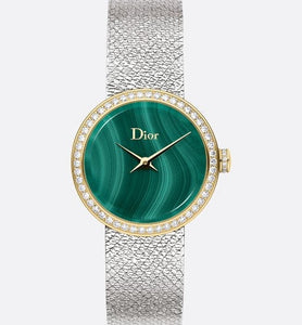 La D de Dior Satine • Ø 25 mm, Steel, Yellow Gold, Malachite and Diamonds