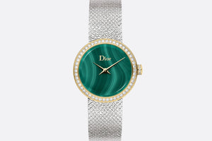 La D de Dior Satine • Ø 25 mm, Steel, Yellow Gold, Malachite and Diamonds