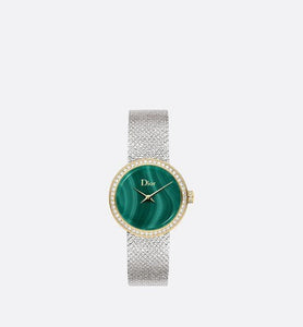 La D de Dior Satine • Ø 25 mm, Steel, Yellow Gold, Malachite and Diamonds