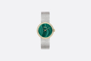 La D de Dior Satine • Ø 25 mm, Steel, Yellow Gold, Malachite and Diamonds