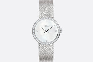 La D de Dior Satine • Ø 25 mm, Steel, White Mother-Of-Pearl and Diamonds