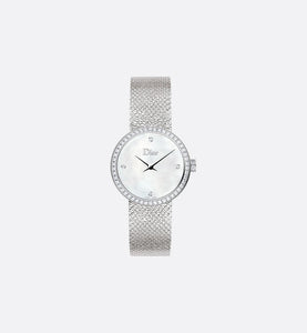 La D de Dior Satine • Ø 25 mm, Steel, White Mother-Of-Pearl and Diamonds