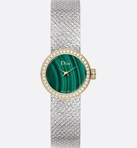 La Mini D de Dior Satine • Ø 19 mm, Steel, Yellow Gold, Malachite and Diamonds