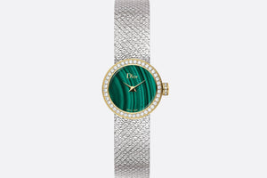 La Mini D de Dior Satine • Ø 19 mm, Steel, Yellow Gold, Malachite and Diamonds