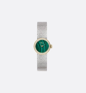 La Mini D de Dior Satine • Ø 19 mm, Steel, Yellow Gold, Malachite and Diamonds