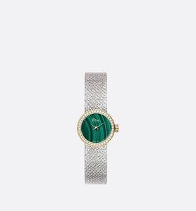 La Mini D de Dior Satine • Ø 19 mm, Steel, Yellow Gold, Malachite and Diamonds