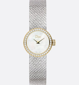La Mini D de Dior Satine • Ø 19 mm, Steel, Yellow Gold, White Mother-Of-Pearl and Diamonds