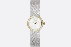 La Mini D de Dior Satine • Ø 19 mm, Steel, Yellow Gold, White Mother-Of-Pearl and Diamonds