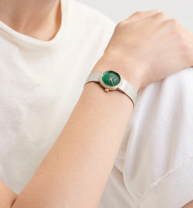 La D de Dior Satine • Ø 25 mm, Steel, Yellow Gold, Malachite and Diamonds