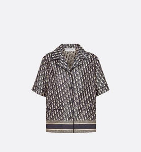 Short-Sleeved Pajama Jacket • Navy Blue and White Silk Twill with Dior Oblique Motif