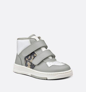 B27 High-Top Sneaker • Gray and White Smooth Calfskin with Beige and Black Dior Oblique Jacquard