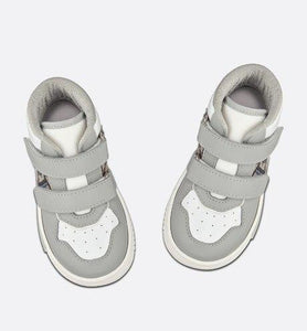 B27 High-Top Sneaker • Gray and White Smooth Calfskin with Beige and Black Dior Oblique Jacquard