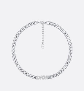 Dior Italic Chain Link Necklace • Silver-Finish Brass and White Crystals