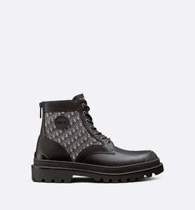 Dior Explorer Ankle Boot • Black Smooth Calfskin and Beige and Black Dior Oblique Jacquard