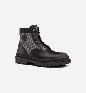 Dior Explorer Ankle Boot • Black Smooth Calfskin and Beige and Black Dior Oblique Jacquard