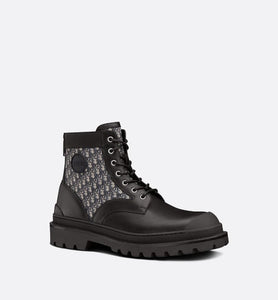 Dior Explorer Ankle Boot • Black Smooth Calfskin and Beige and Black Dior Oblique Jacquard