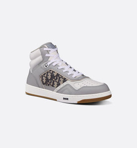B27 High-Top Sneaker • Gray and White Smooth Calfskin with Beige and Black Dior Oblique Jacquard
