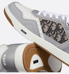 B27 High-Top Sneaker • Gray and White Smooth Calfskin with Beige and Black Dior Oblique Jacquard