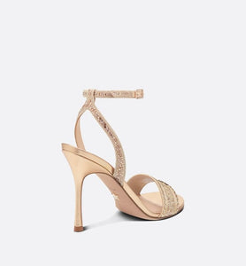 Dway Heeled Sandal • Gold-Tone Cotton Embroidered with Metallic Thread and Strass