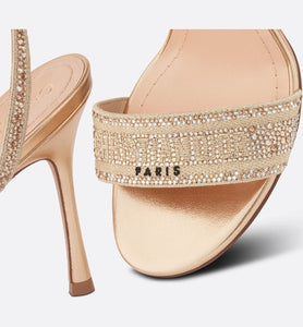 Dway Heeled Sandal • Gold-Tone Cotton Embroidered with Metallic Thread and Strass