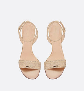 Dway Heeled Sandal • Gold-Tone Cotton Embroidered with Metallic Thread and Strass