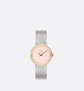 La D de Dior Satine • Ø 25 mm, Steel, Yellow Gold, Aragonite and Diamonds
