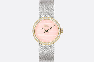 La D de Dior Satine • Ø 25 mm, Steel, Yellow Gold, Aragonite and Diamonds