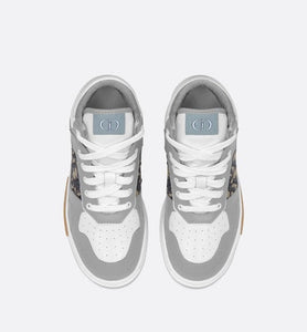 B27 Kid's High-Top Sneaker • Gray and White Smooth Calfskin with Beige and Black Dior Oblique Jacquard