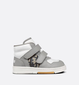 B27 Baby High-Top Sneaker • Gray and White Smooth Calfskin with Beige and Black Dior Oblique Jacquard