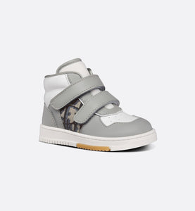 B27 Baby High-Top Sneaker • Gray and White Smooth Calfskin with Beige and Black Dior Oblique Jacquard