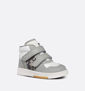 B27 Baby High-Top Sneaker • Gray and White Smooth Calfskin with Beige and Black Dior Oblique Jacquard