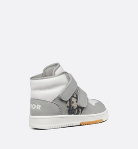 B27 Baby High-Top Sneaker • Gray and White Smooth Calfskin with Beige and Black Dior Oblique Jacquard