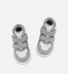 B27 Baby High-Top Sneaker • Gray and White Smooth Calfskin with Beige and Black Dior Oblique Jacquard