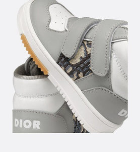 B27 Baby High-Top Sneaker • Gray and White Smooth Calfskin with Beige and Black Dior Oblique Jacquard
