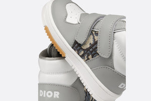 B27 Baby High-Top Sneaker • Gray and White Smooth Calfskin with Beige and Black Dior Oblique Jacquard