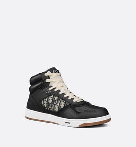 B27 High-Top Sneaker • Black Smooth Calfskin with Beige and Black Dior Oblique Jacquard