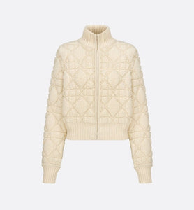 Macrocannage Zipped Cardigan • White Technical Wool and Cashmere Knit