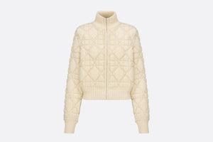 Macrocannage Zipped Cardigan • White Technical Wool and Cashmere Knit