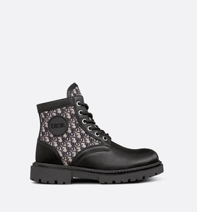 Kid's Dior Explorer Ankle Boot • Black Smooth Calfskin and Beige and Blue Dior Oblique Jacquard