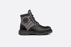 Kid's Dior Explorer Ankle Boot • Black Smooth Calfskin and Beige and Blue Dior Oblique Jacquard