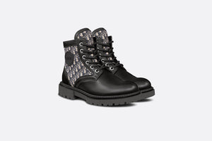 Kid's Dior Explorer Ankle Boot • Black Smooth Calfskin and Beige and Blue Dior Oblique Jacquard