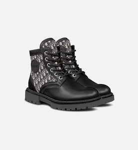 Kid's Dior Explorer Ankle Boot • Black Smooth Calfskin and Beige and Blue Dior Oblique Jacquard