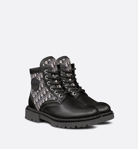 Kid's Dior Explorer Ankle Boot • Black Smooth Calfskin and Beige and Blue Dior Oblique Jacquard