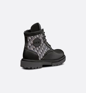 Kid's Dior Explorer Ankle Boot • Black Smooth Calfskin and Beige and Blue Dior Oblique Jacquard