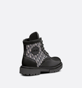 Kid's Dior Explorer Ankle Boot • Black Smooth Calfskin and Beige and Blue Dior Oblique Jacquard