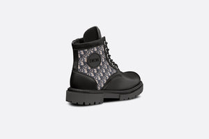 Kid's Dior Explorer Ankle Boot • Black Smooth Calfskin and Beige and Blue Dior Oblique Jacquard