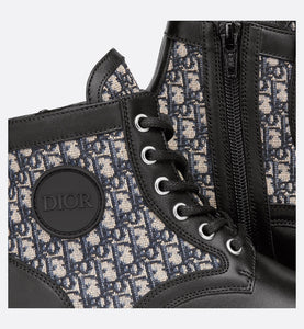 Kid's Dior Explorer Ankle Boot • Black Smooth Calfskin and Beige and Blue Dior Oblique Jacquard